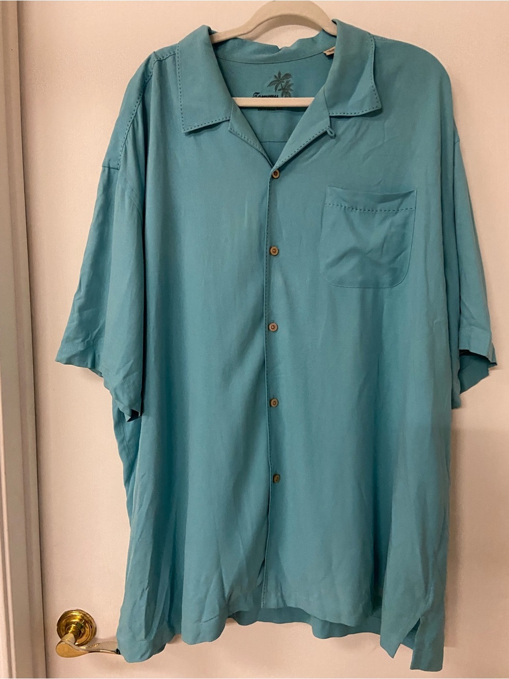 Tommy Bahama Button Up Shirt Mens Light Blue 100% Silk Short Sleeve 2XL Resort